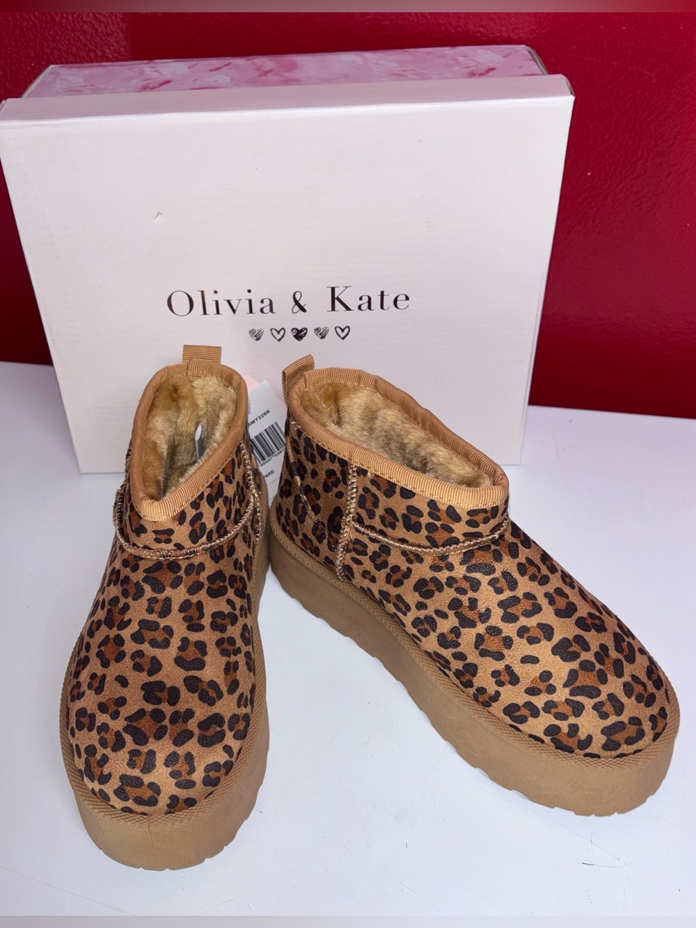 NWT Olivia & Kate Girls Leopard Print Platform Boots Faux Fur Lined - Kids 1M